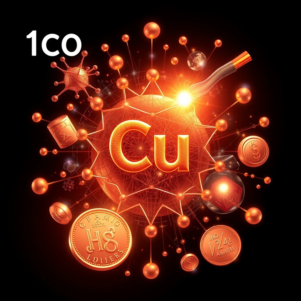 A stunning and intricate depiction of the element Copper (Cu) in a vibrant scientific illustration style
