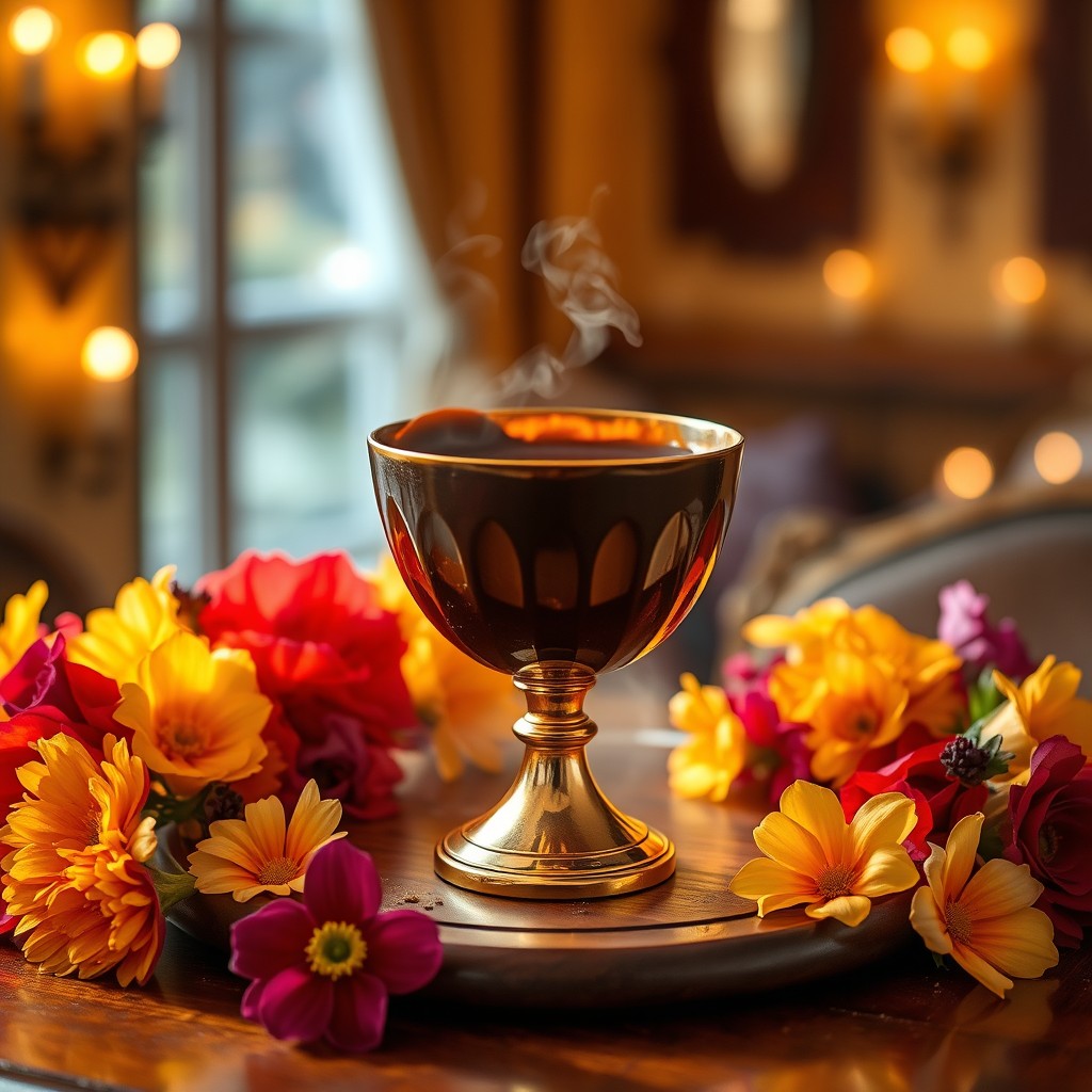 A golden chalice overflowing with rich, dark chocolate, sitting atop a beautifully crafted wooden table