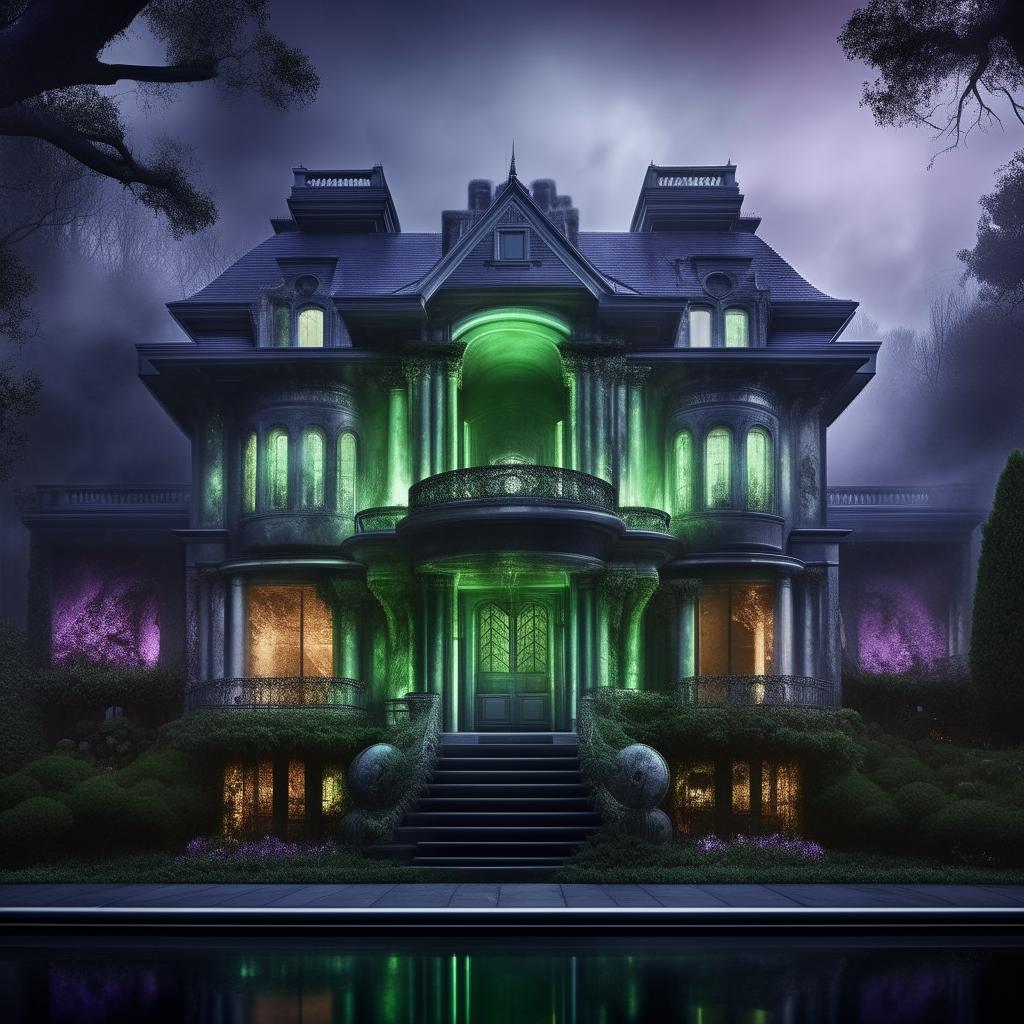 A daunting external view of a high-tech mansion. Hauntingly sinister, the abode of an evil billionaire genius; its very fabric throbbing with malevolence. Enshrouded in a shroud of chilling blues, eerie greens, and cruel purples, it seethes with raw power and untamed, fiery rage.