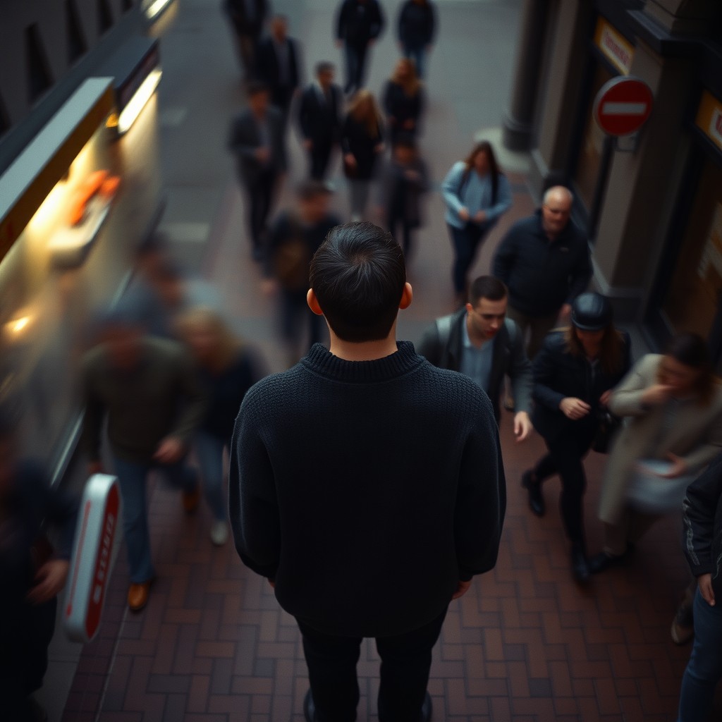 A cinematic overhead shot of a person standing still on a brick city sidewalk, wearing a dark oversized sweater