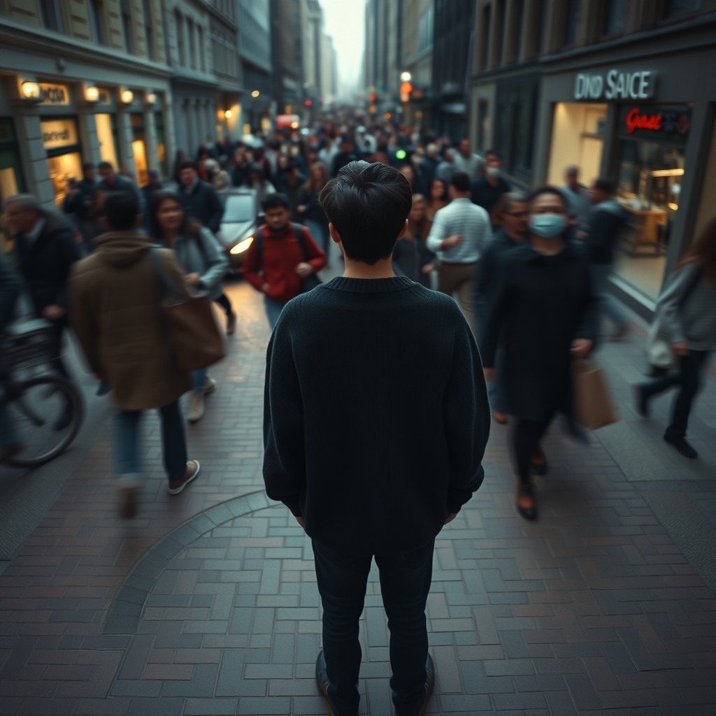 A cinematic overhead shot capturing a person standing still on a textured brick city sidewalk, dressed in a dark oversized sweater