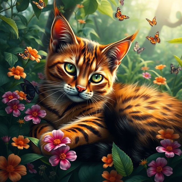 A highly detailed and artistic rendering of an exotic feline in a lush green jungle, with vibrant wildflowers surrounding it