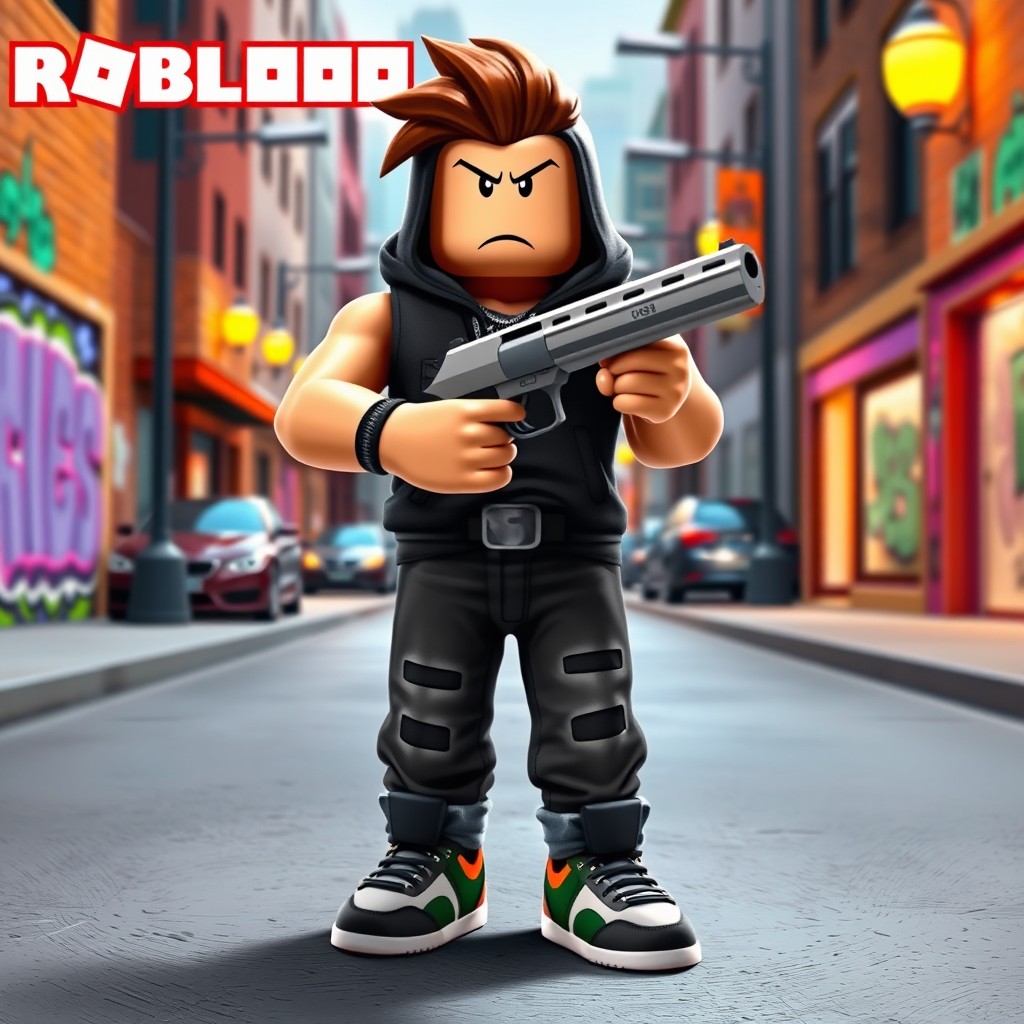 A Roblox character from the game Da Hood, standing confidently in a vibrant, detailed Da Hood map environment