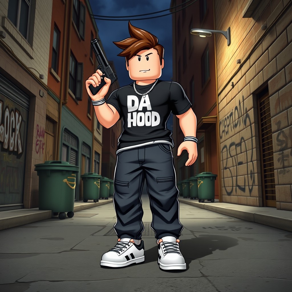 A character inspired by Roblox's 'Da Hood', standing in a detailed urban environment that resembles a city neighborhood