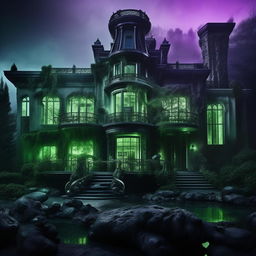 A daunting external view of a high-tech mansion. Hauntingly sinister, the abode of an evil billionaire genius; its very fabric throbbing with malevolence. Enshrouded in a shroud of chilling blues, eerie greens, and cruel purples, it seethes with raw power and untamed, fiery rage.