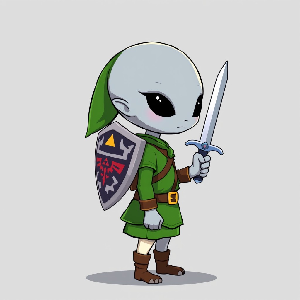 A gray alien character dressed as Link from The Legend of Zelda, wearing the classic green outfit, featuring the Master Shield on its back and holding the Master Sword in its right hand