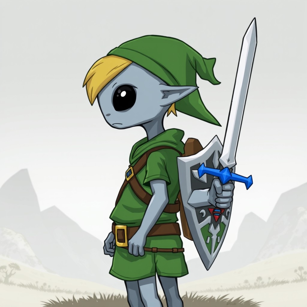 A gray alien character dressed as Link from The Legend of Zelda, sporting the classic green outfit, with a distinctive green tunic and hat