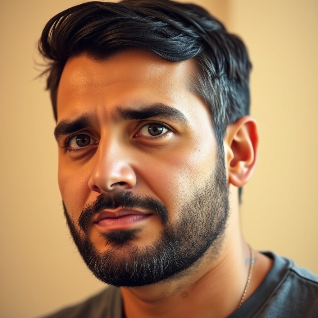 A portrait of a middle eastern man, age 40, looking sideways with a thoughtful expression