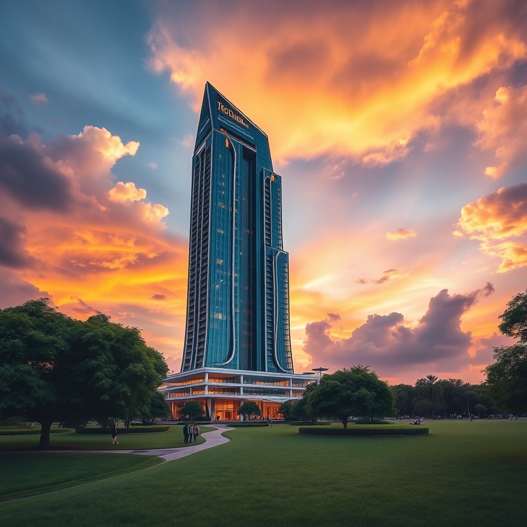 A stunning depiction of the Oro Constella Tower, an architectural marvel with an elegant silhouette