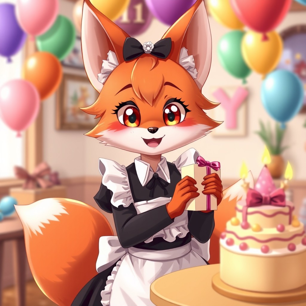 A cute anthropomorphic fox girl dressed as a maid, celebrating her birthday