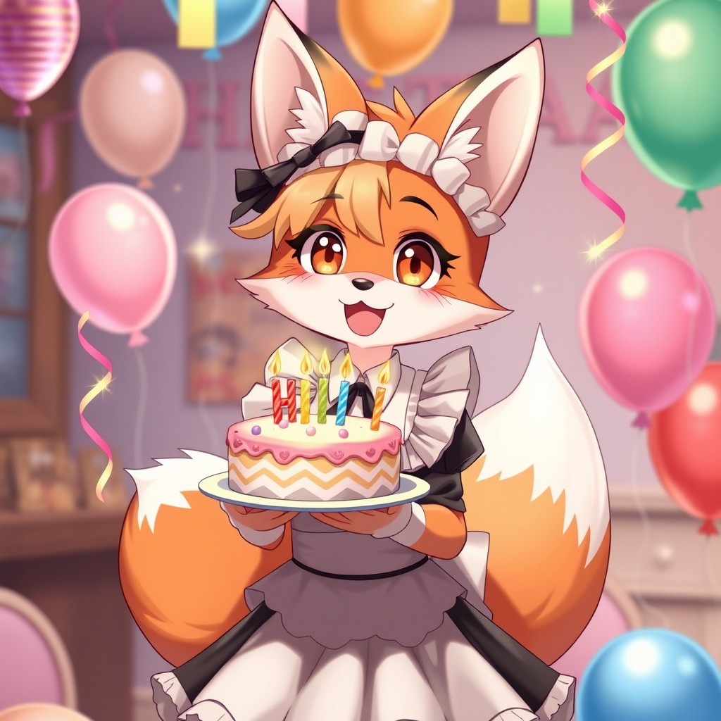 A cute anthropomorphic fox girl as a maid, celebrating her birthday