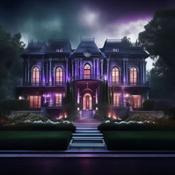 A daunting external view of a high-tech mansion. Hauntingly sinister, the abode of an evil billionaire genius; its very fabric throbbing with malevolence. Enshrouded in a shroud of chilling blues, eerie greens, and cruel purples, it seethes with raw power and untamed, fiery rage.