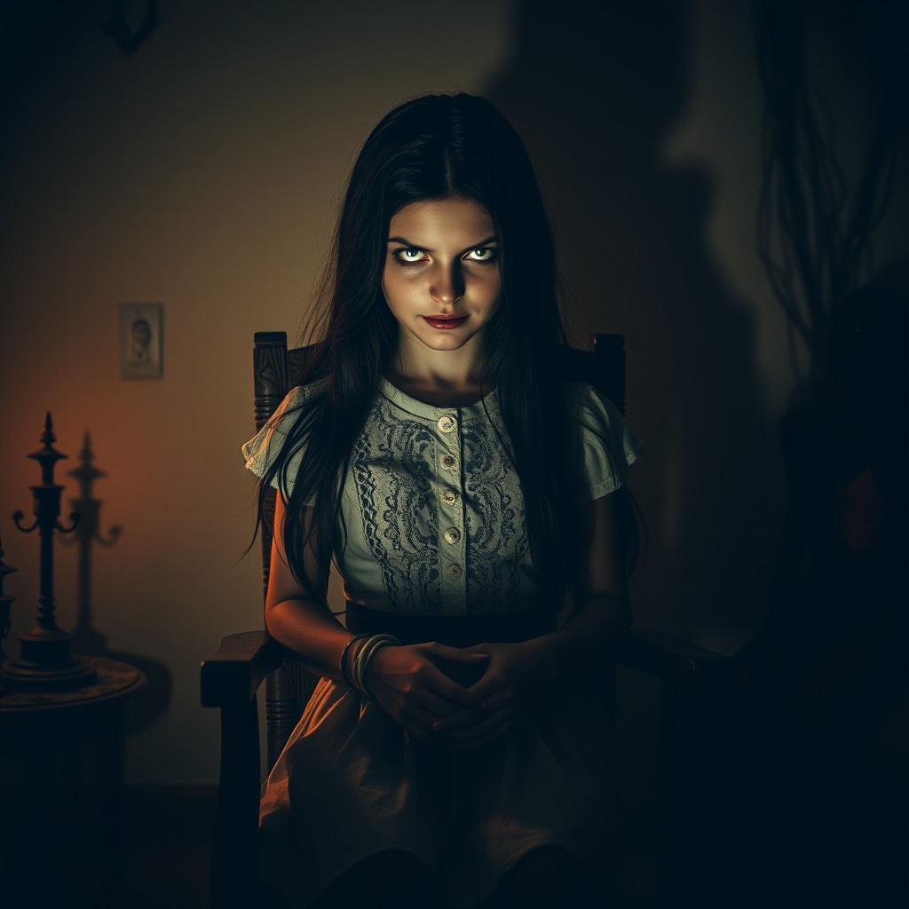 A striking image of a girl with long dark hair bound to a chair, her eyes glowing with a hypnotic light, wearing a vintage dress with intricate lace detailing