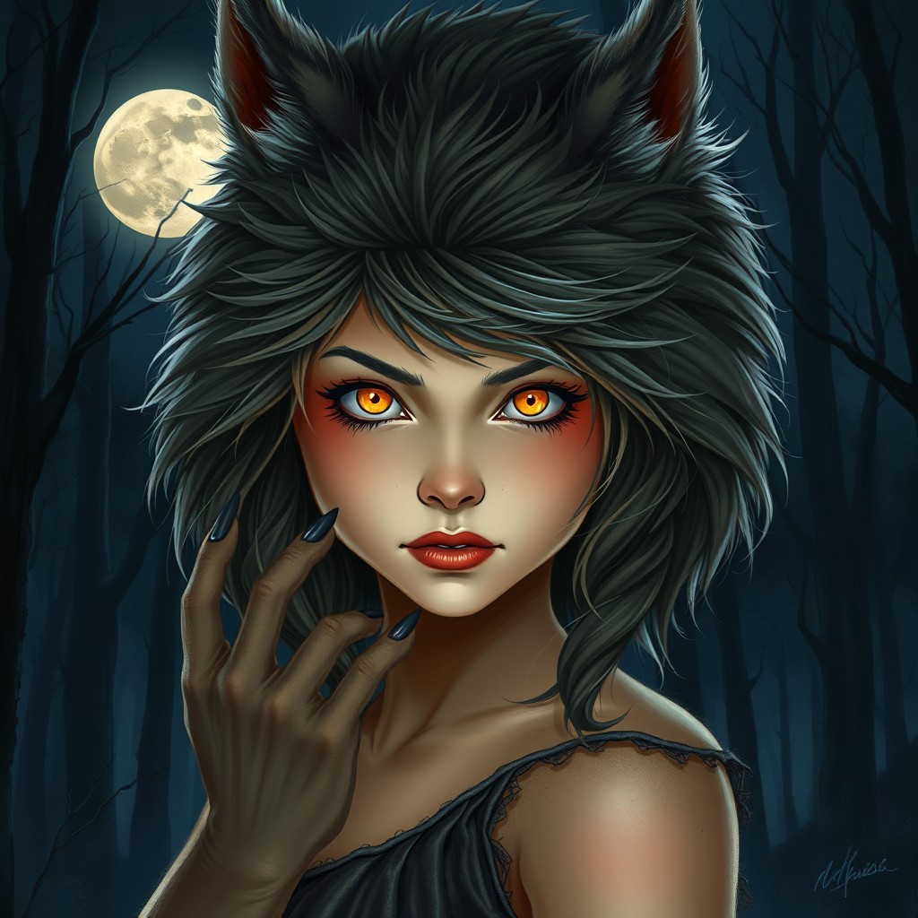 A beautiful girl undergoing a transformation into a werewolf under the light of a full moon, her features shifting dramatically as her hair grows thick and fur-covered