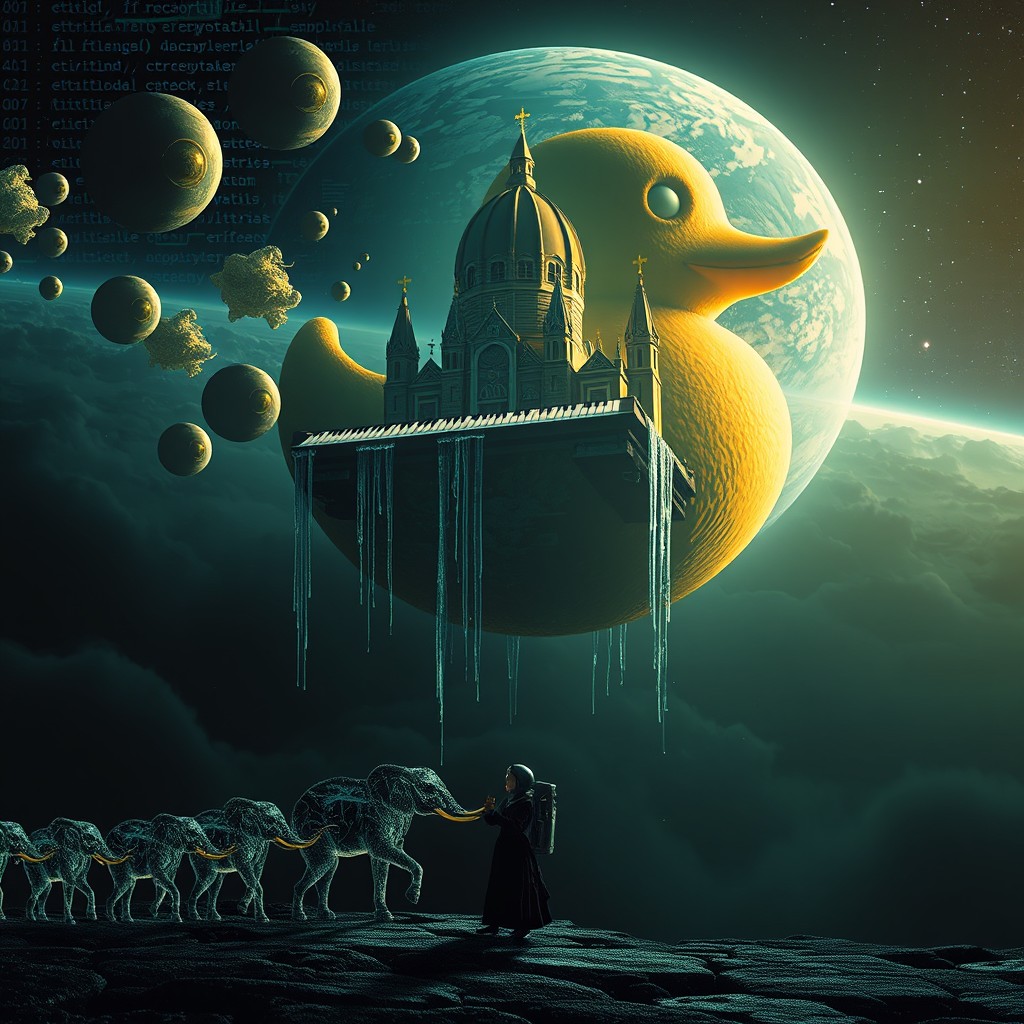 A surreal scene featuring a floating cathedral constructed from human eyes and piano keys, orbiting a giant planet shaped like a rubber duck