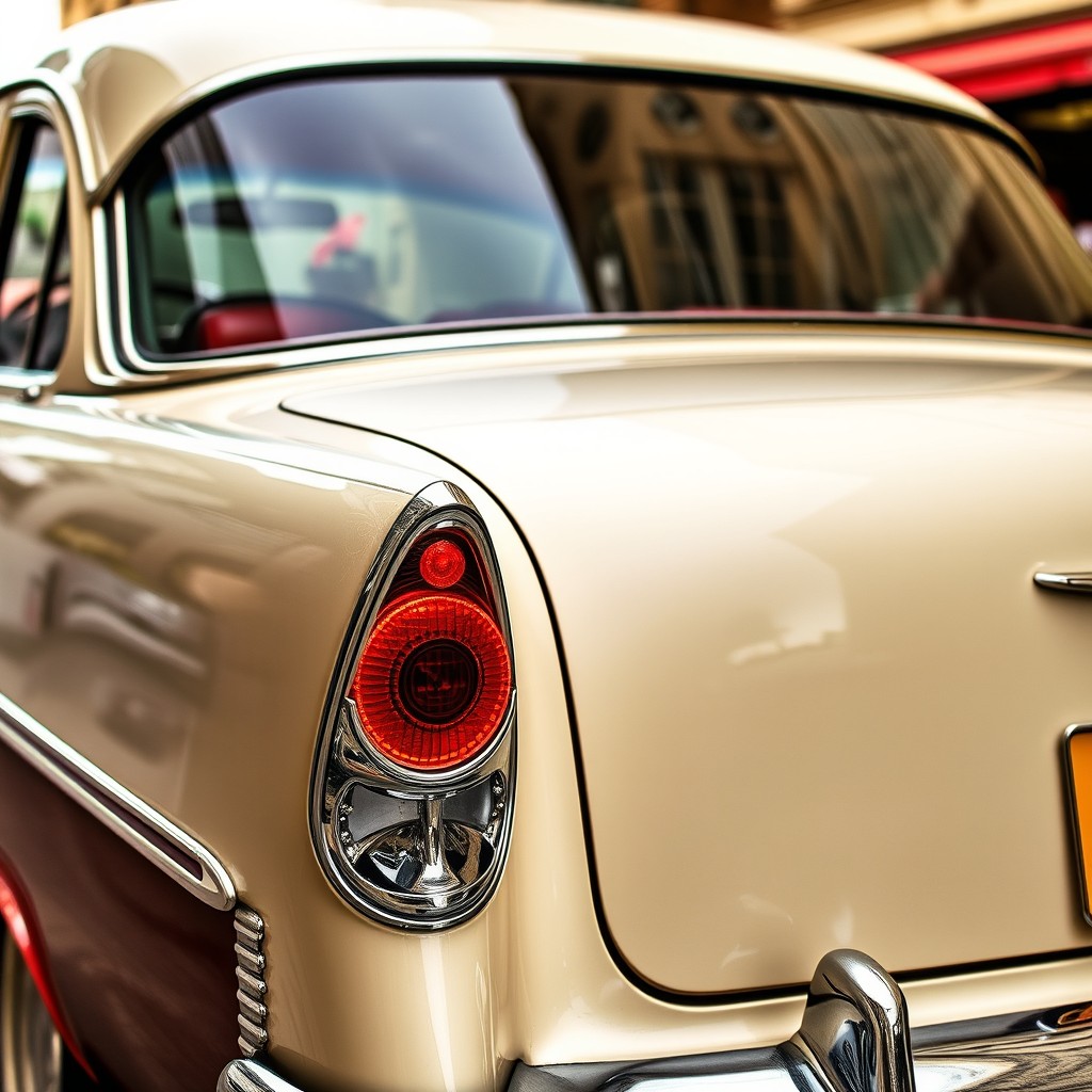 A classic car maintaining its original features and design while showcasing modern, sleek tail lights that are innovative and stylish, enhancing the overall look of the car with a contemporary touch