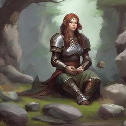 splinters and rocks float around a female dwarven kineticist that meditates amid nature while wearing her heavy armor