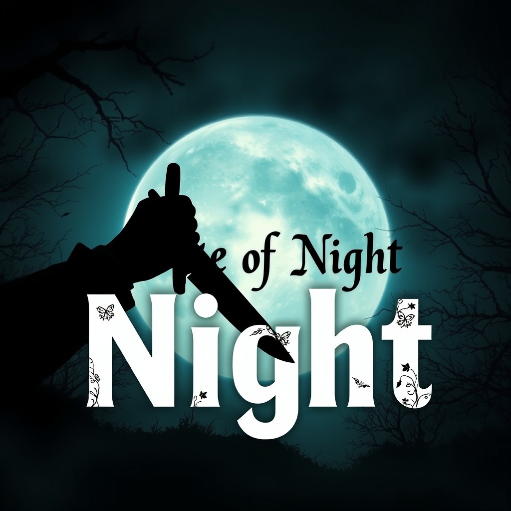 A captivating and dark scene depicting a moonlit night with the silhouette of a man holding a knife, set against a hauntingly beautiful background that adds to the eerie atmosphere