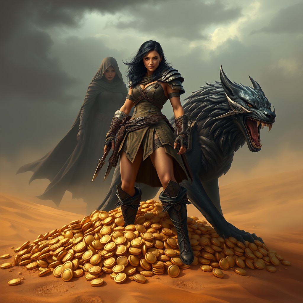 A fierce dark-haired warrior scavenger standing confidently on a large pile of gold coins and treasures, symbolizing her victories in the harsh desert