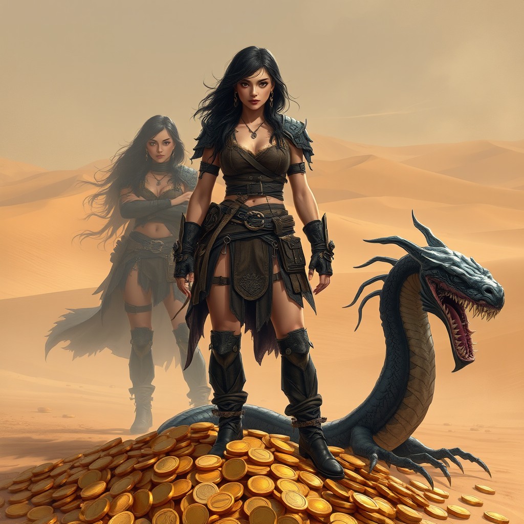 A dark-haired female warrior, exuding a tough and resilient aura, stands confidently on a pile of gold coins in a vast desert landscape