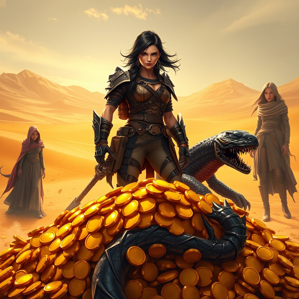 A dark-haired badass warrior scavenger standing triumphantly on a pile of gleaming gold coins and treasure looted from their adventures in a vast desert landscape