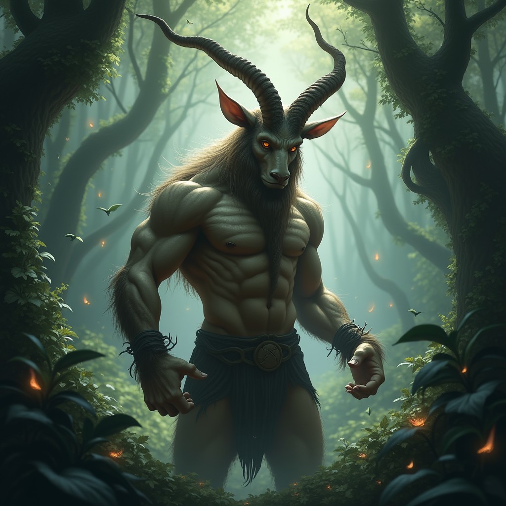 A mystical creature known as the Goatman, depicted in a mysterious forest setting, surrounded by thick foliage and tall trees