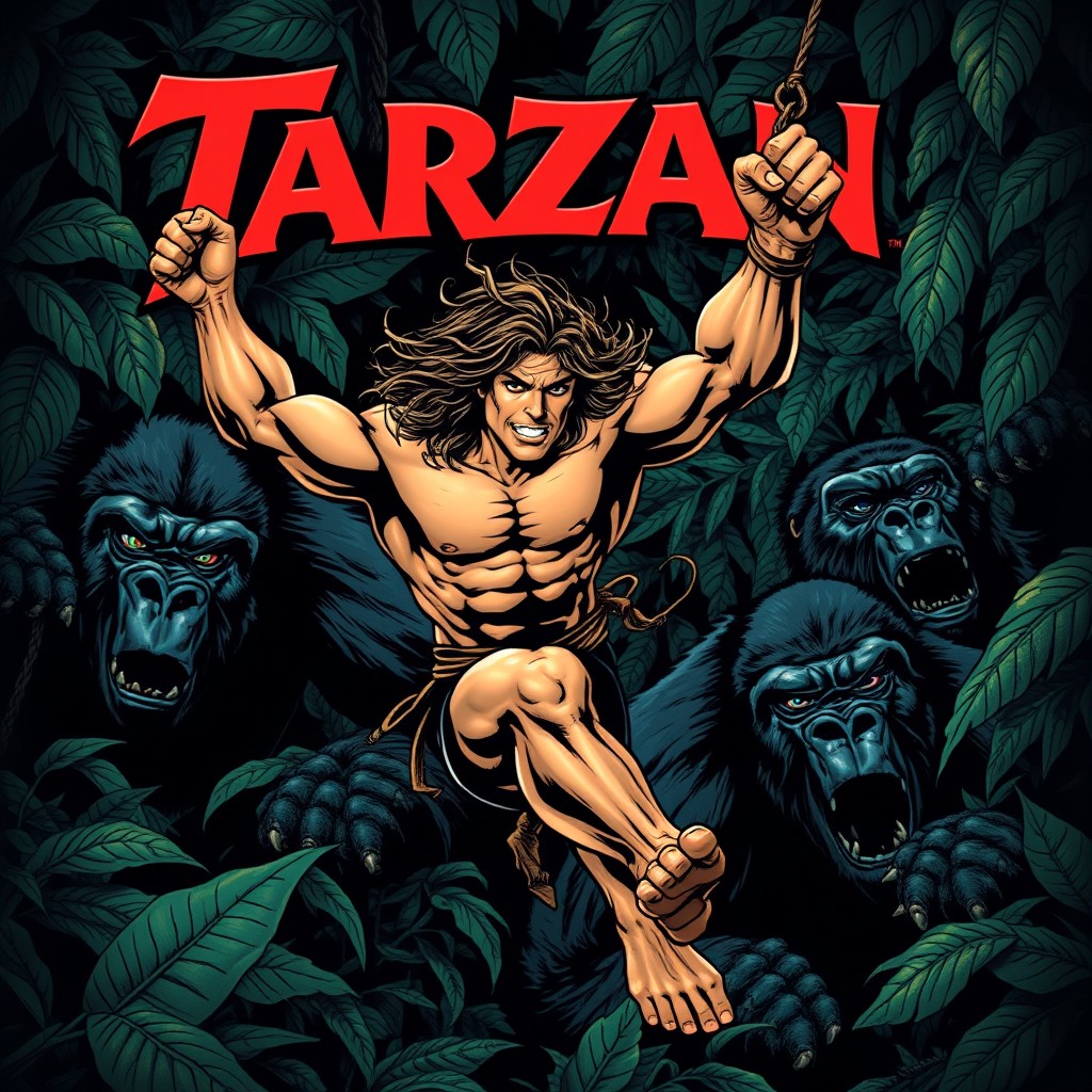 An action-packed cover illustration for the book 'Tarzan of the Gorillas', featuring a muscular, fierce Tarzan swinging through a dense, shadowy jungle filled with exotic flora and fauna