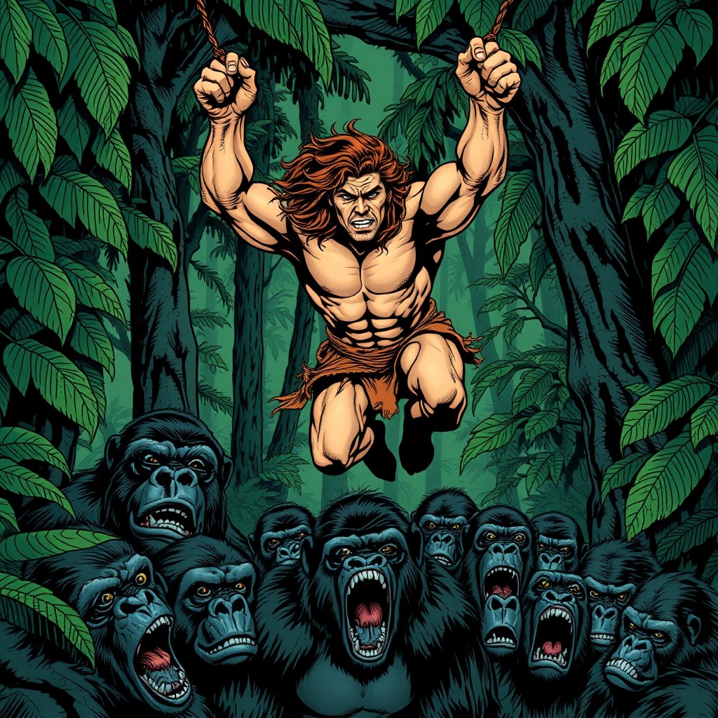 A dynamic and dramatic illustration for a book cover titled 'Tarzan of the Gorillas'