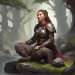 splinters and rocks float around a female dwarven kineticist that meditates amid nature while wearing her heavy armor