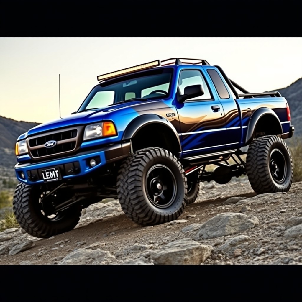 A custom-built 2000 Ford Ranger MK2, showcasing bold modifications and enhancements