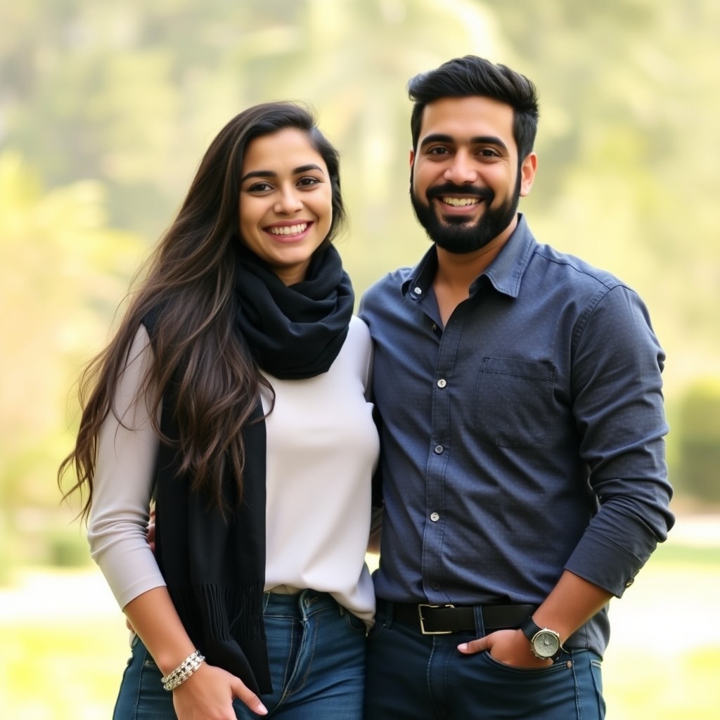 A warm and inviting portrait featuring two friendly individuals, referred to as 'You' and 'Ahmed', standing side by side with smiling expressions, showcasing a joyful moment together