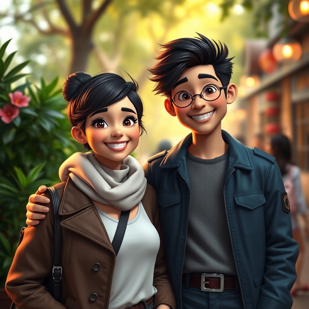 A charming fantasy scene featuring a person with an inviting smile and warm demeanor standing next to an amiable character named Ahmed