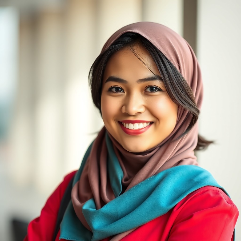 A portrait of a 24-year-old Muslim woman smiling warmly at the camera for a Facebook profile photo