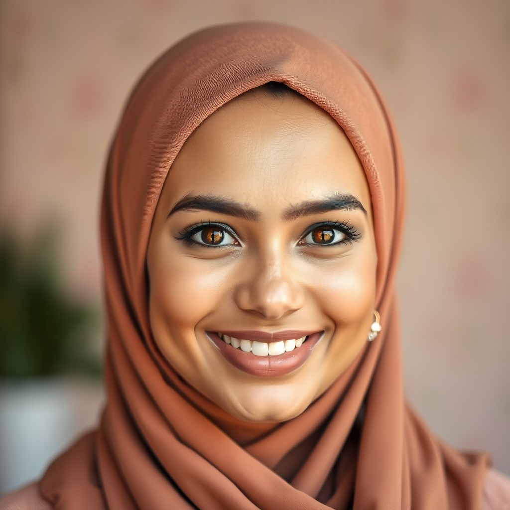 A beautiful 24-year-old Muslim woman featuring a headscarf elegantly styled, smiling radiantly for a Facebook profile photo