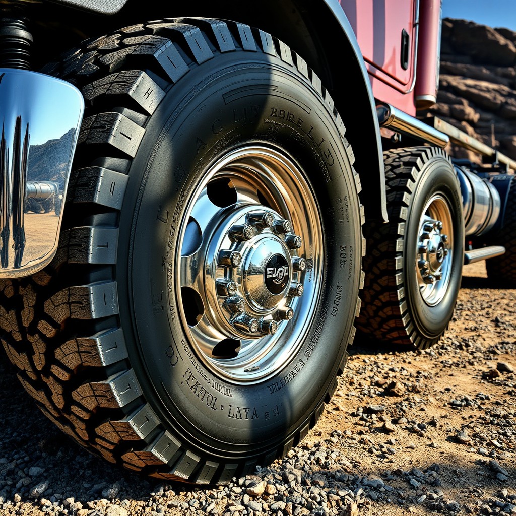 A highly detailed close-up of the wheels of a heavy-duty truck, showcasing their rugged treads, shiny chrome rims, and robust design