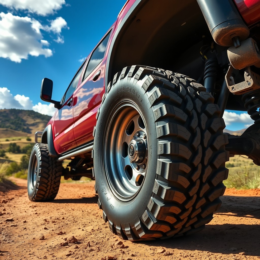A close-up view of a truck's wheels, showcasing the robust, rugged design of off-road tires