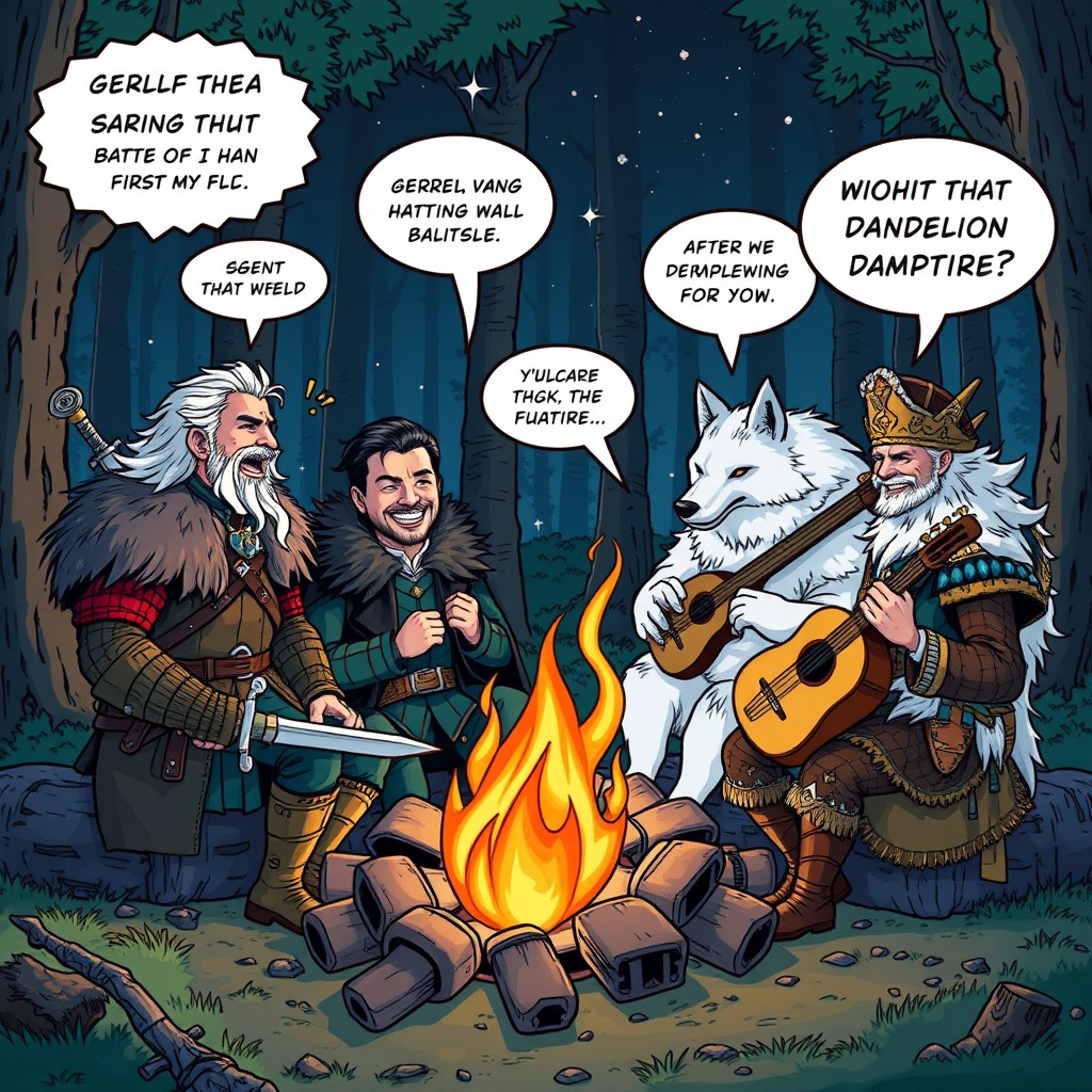 A comic-style illustration featuring Geralt of Rivia sitting around a campfire with Jon Snow, Ghost the direwolf, and Dandelion after a battle