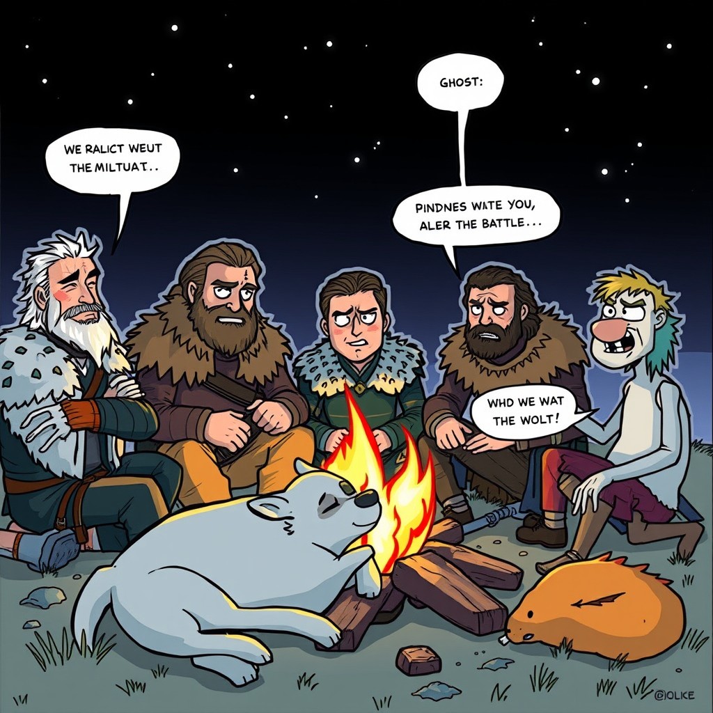 A whimsical comic-style illustration depicting Geralt of Rivia, Sandor Clegane (The Hound), Jon Snow, Ghost (the direwolf), and Dandelion sitting around a campfire after a battle