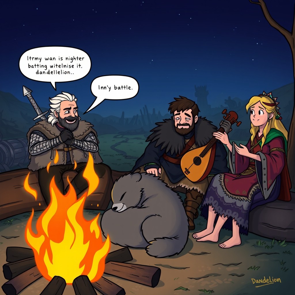 A comedic cartoon scene depicting Geralt of Rivia sitting around a campfire at night with Jon Snow, Ghost the direwolf, and Dandelion