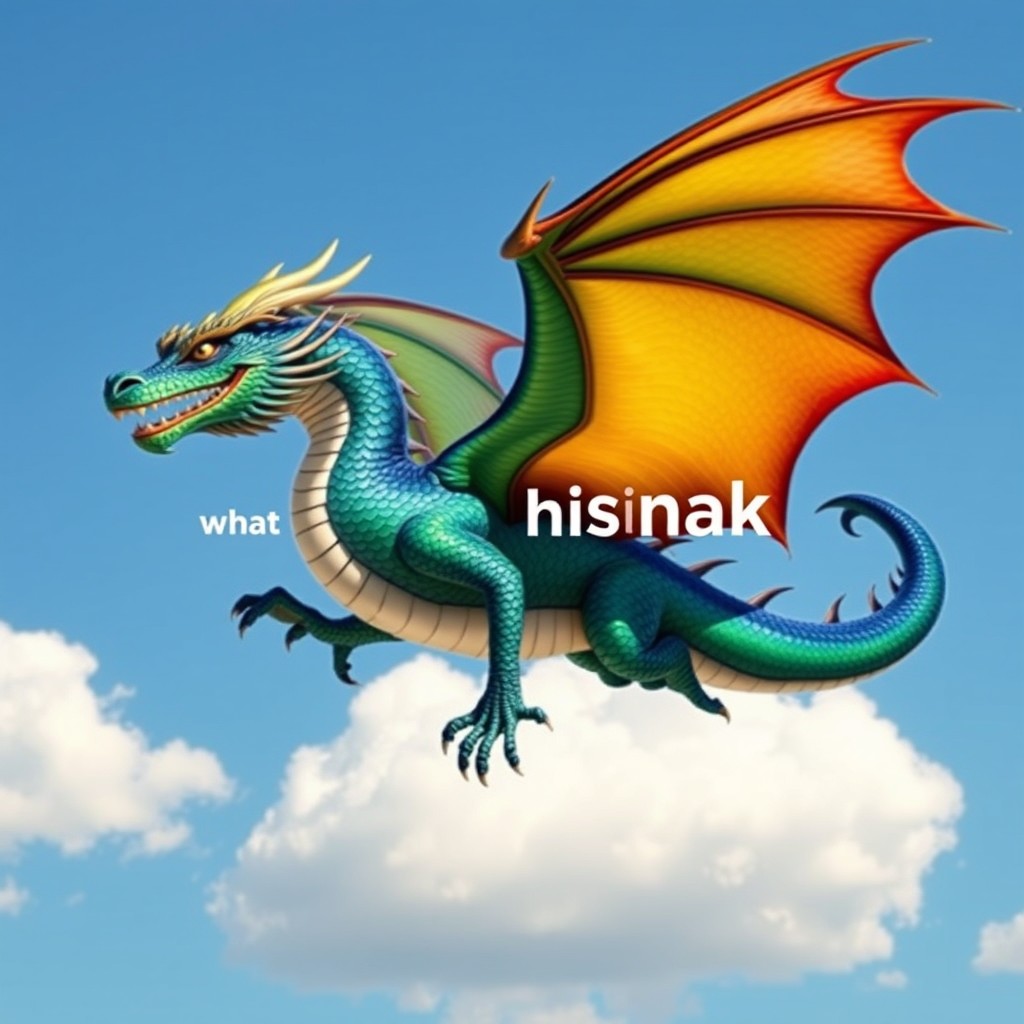 A majestic dragon soaring through a clear blue sky, its scales glinting in the sunlight