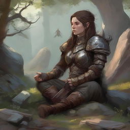 splinters and rocks float around a female dwarven kineticist that meditates amid nature while wearing her heavy armor