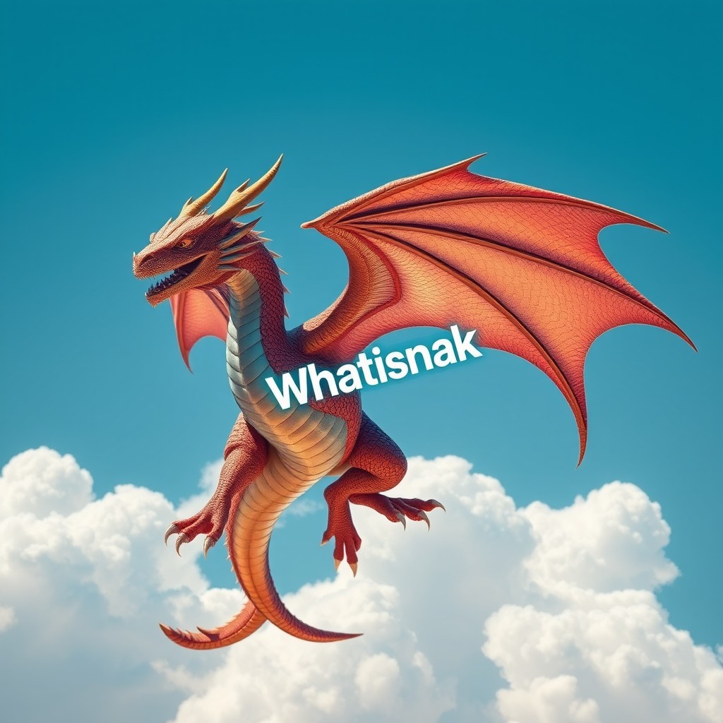 A majestic dragon emblazoned with the logo 'Whatisnak', soaring through a clear blue sky