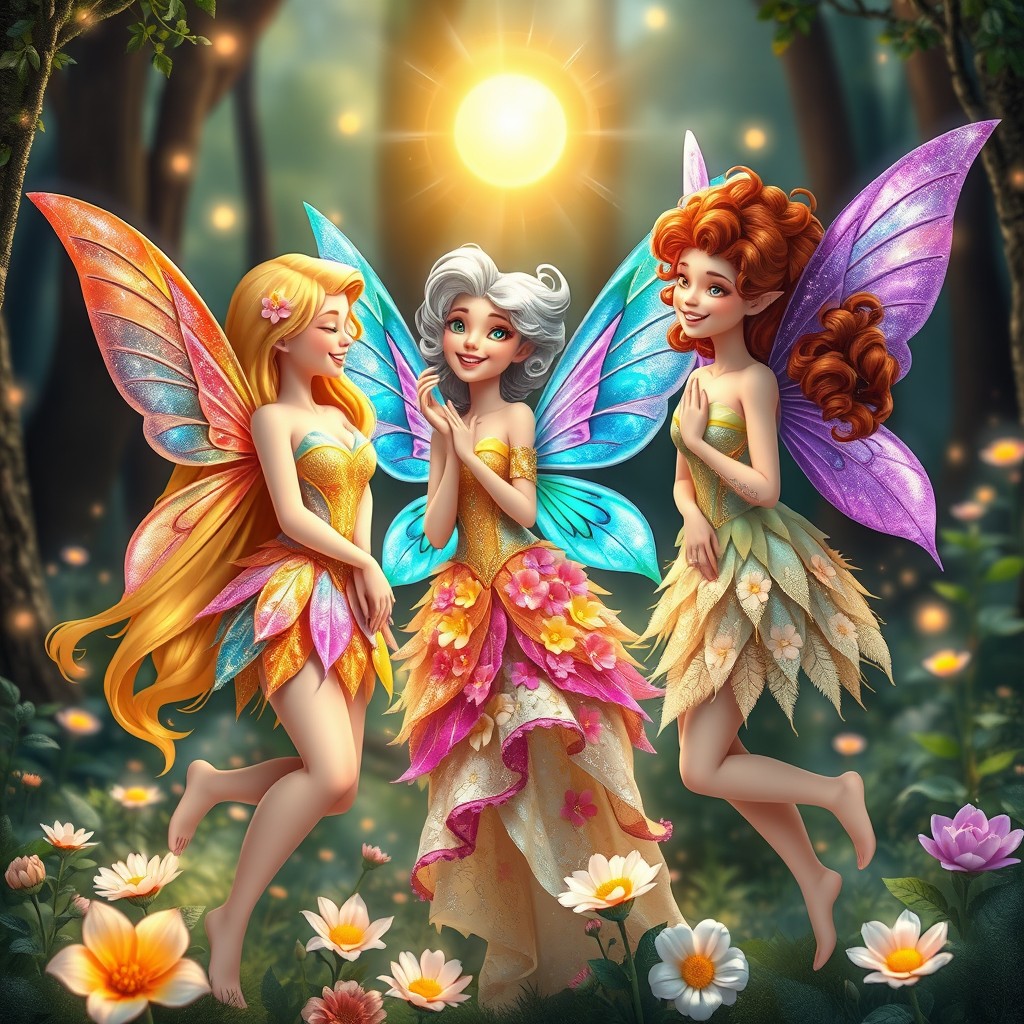 Three enchanting fairies embodying the essence of love and friendship, each with distinct characteristics