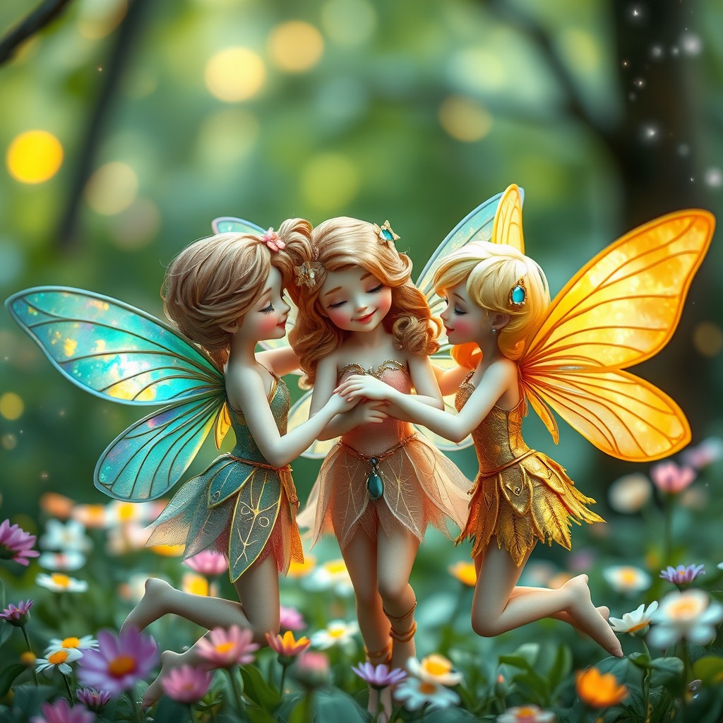 Three fairies in love, showcasing a beautiful and enchanting scene in a mystical forest filled with soft, glowing lights and colorful flowers