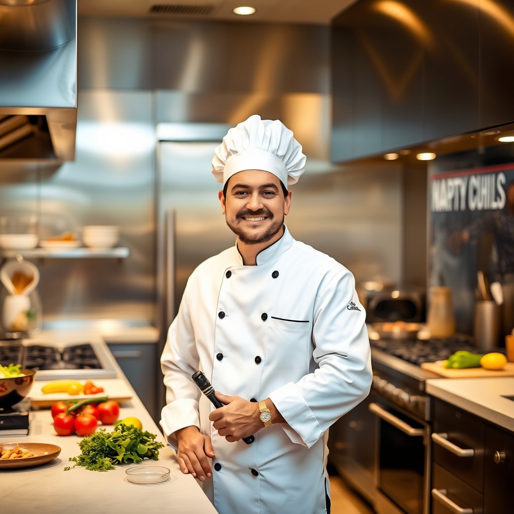 A chef standing confidently in a modern kitchen, wearing a traditional white chef's coat and hat, holding a joint in one hand