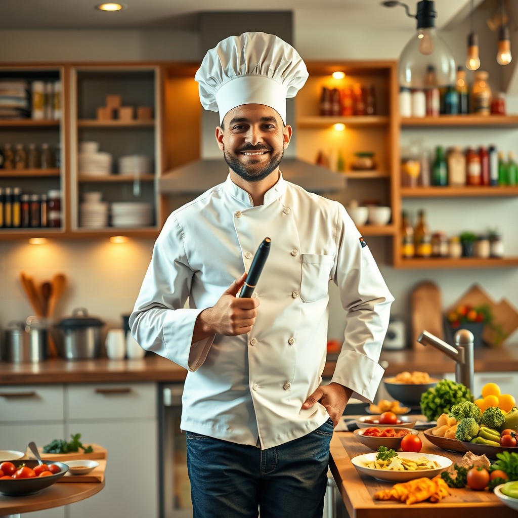 A creative scene featuring a gourmet chef, wearing a traditional white chef's jacket and a tall chef's hat, standing in a modern kitchen