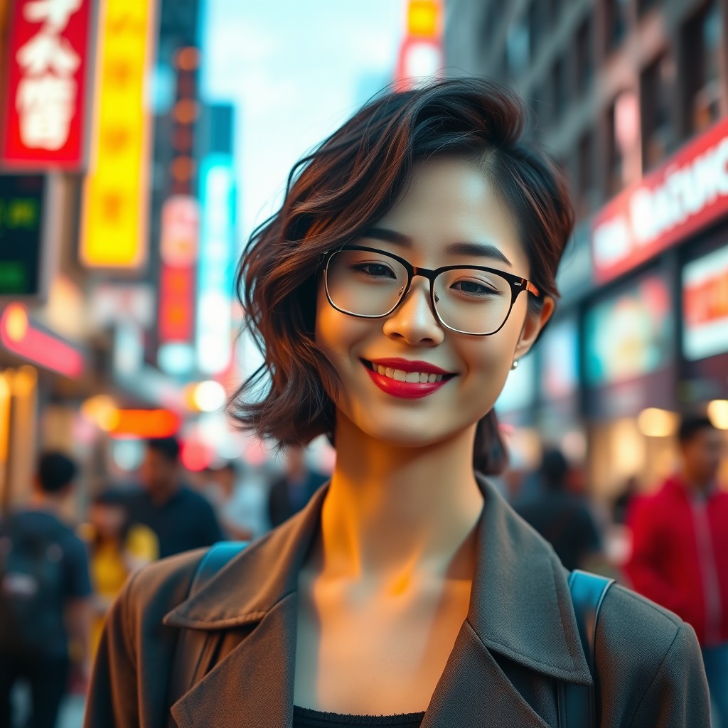 A beautiful Korean woman with short, wavy dark hair wearing stylish glasses