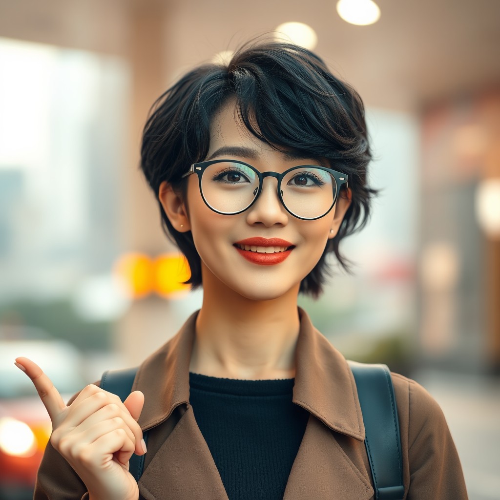 A stylish and fashionable Korean woman with short, wavy dark hair and wearing chic glasses