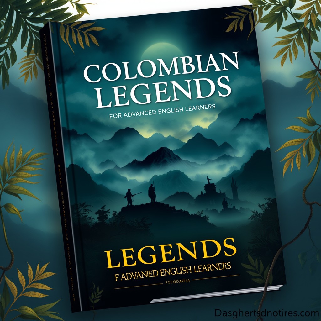 A book cover design for 'Colombian Legends for Advanced English Learners', set against the mystical landscapes of Colombia