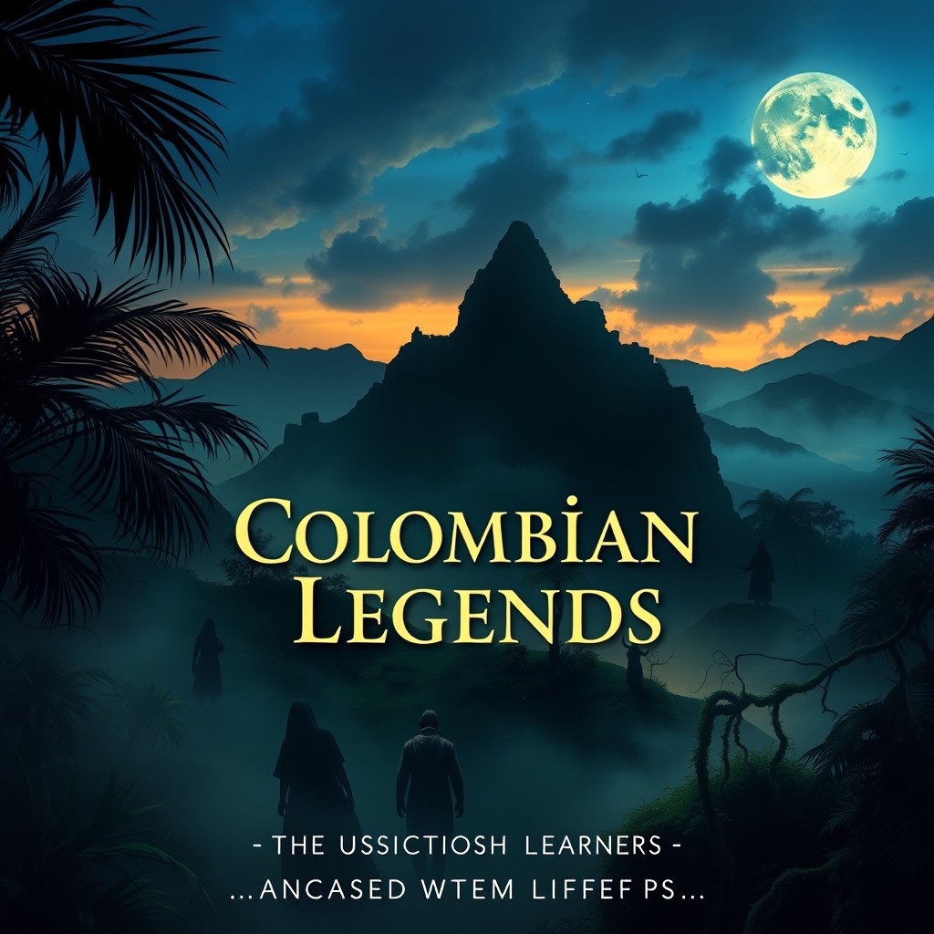 A mystical book cover design for 'Colombian Legends for Advanced English Learners'
